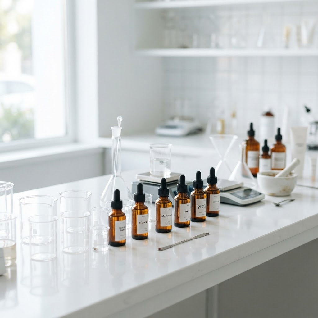 Scientists formulating adhesives in a clinical cosmetics laboratory